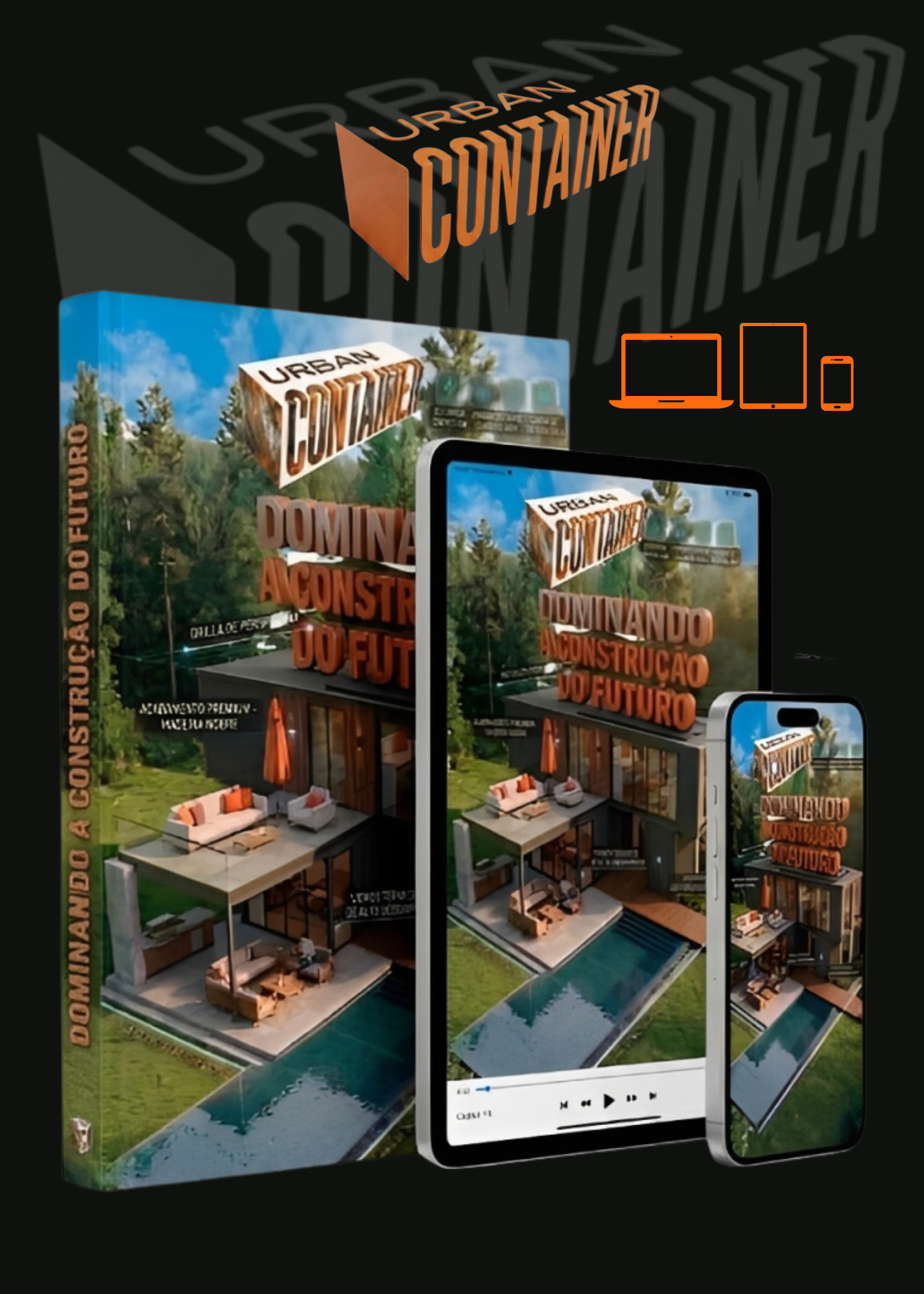Mockup do e-book Urban Container em livro físico, tablet e iPhone